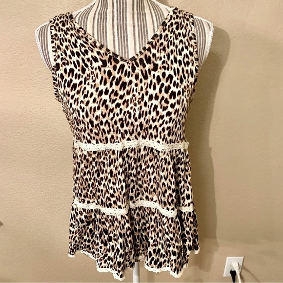 NWT Love, Fire Tank XL Brown Cream Animal Print Leopard Lace V-Neck Boho - Picture 1 of 13